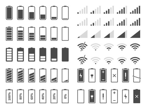 Signal and battery icons. Network signal strength and telephone charge level. Battery status, wifi internet wireless loading vector set