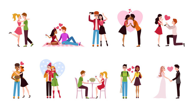 Couple in love set. Loving situations happy romantic couples, young men women characters hug and kiss dating, cartoon vector set