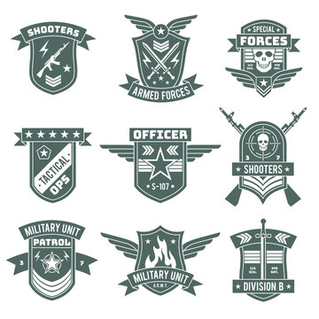 Military badges. Army patches, embroidery chevron with ribbon and star, gun and skull. Vintage soldier clothing tag, t-shirt vector design