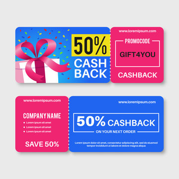 Gift voucher. Money certificate cards, cashback coupon with code. Birthday present vip gifting vouchers, sale ticket flyer vector template
