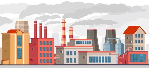 Smog pollution. Industrial factory with pipes pollutes environment with toxic smoke. Smog and chemical waste in ecology vector concept