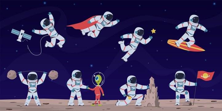 Astronaut. Cute astronauts working in space with equipment and spaceship, greeting alien and flying in starry sky cartoon vector character