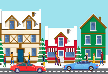 Old winter town vector, buildings exteriors with snow, cityscape with estates of citizens, Christmas street. Road with cars and transport, skyline with people walking on streets, flat style design