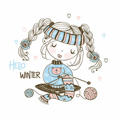 Cute girl is preparing for the winter knitting a scarf. Hello winter. Vector.