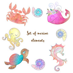 Set of cute sea animals octopus seahorse whale and jellyfish. Vector Watercolor.