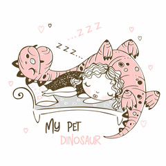 Cute girl sleeping with her pet dinosaur. Cheerful picture. Vector.
