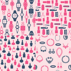 women accessory jewelry, watch, perfume and beauty salon elements.