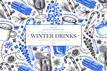 Fototapeta na wymiar Winter drinks vector design template. Hand drawn engraved style mulled wine, hot chocolate, spices illustrations. Vintage christmas background.