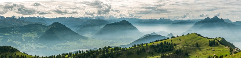 Beautiful panoramic view on Swiss Alps around Lake Lucerne as seen from top of Rigi Kulm peak - obrazy, fototapety, plakaty