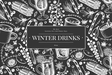 Winter drinks vector banner template. Hand drawn engraved style mulled wine, hot chocolate, spices illustrations on chalk board. Vintage christmas background.