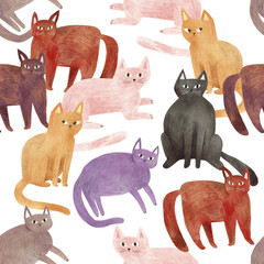 Colorful cats - seamless pattern. Hand drawn illustration - 301928394