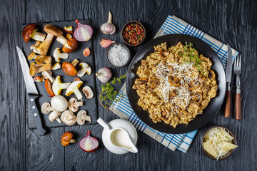 Creamy risotto with wild mushrooms, top view