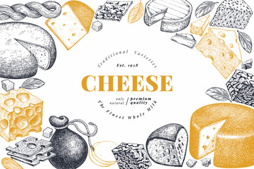 Fototapeta Cheese design template. Hand drawn vector dairy illustration. Engraved style different cheese kinds banner. Vintage food background. obraz