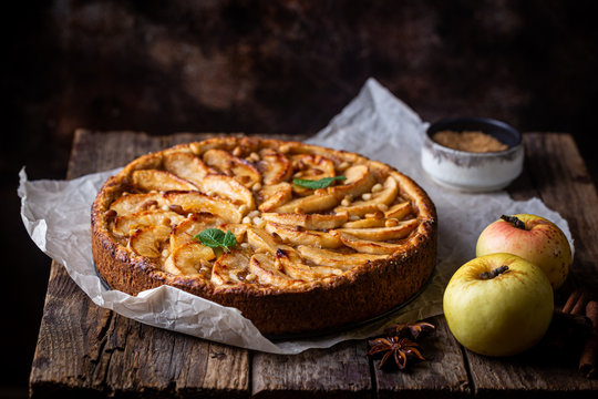 Homemade delicious fresh baked rustic apple pie on dark background