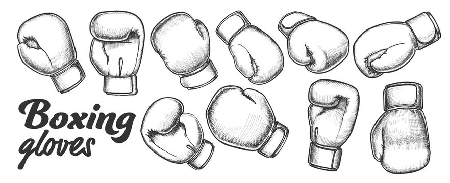Boxing Gloves For Sport Competition Set Ink Vector. Collection Of Boxer Protection Equipment Gloves For Fight On Ring. Engraving Template Hand Drawn In Vintage Style Black And White Illustrations
