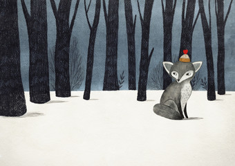 gray wolf (fox) in a winter forest - pencil and watercolor drawing - 301929178