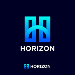 Horizon logo. Blue H letter on a black background. The minimalist style. 