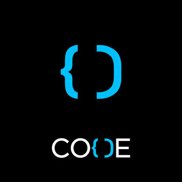 Code logo. Logo for digital company. Letter D consist of left curly brace and right parenthesis. Open and close brackets. Programming symbols. 