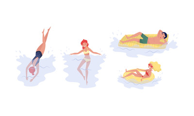 Set Of People Having Fun From Summer Rest Swimming In The Sea Vector Illustration