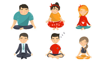 People Characters Sitting in Yoga Pose and Doing Meditation Vector Set