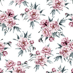 Fototapeta na wymiar Seamless background, floral texture with watercolor flowers dusty pink peonies and grey leaves. Repeat fabric wallpaper print pattern. Perfectly for wrapped paper, backdrop, frame or border. 