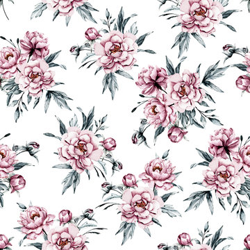Seamless background, floral texture with watercolor flowers dusty pink peonies and grey leaves. Repeat fabric wallpaper print pattern. Perfectly for wrapped paper, backdrop, frame or border. 