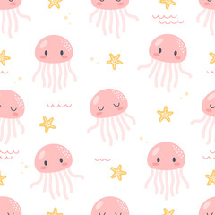 Jellyfish and starfish seamless background repeating pattern, wallpaper background, cute seamless pattern background