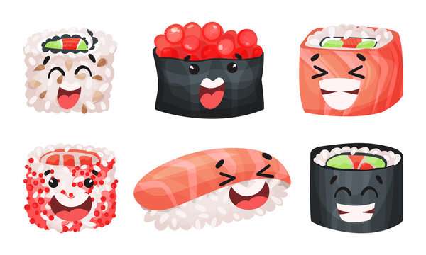 Sushi and Sashimi Vector Set. Traditional Japanese Food Collection