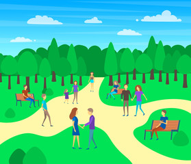 Cartoon Color Characters People Park Active Concept. Vector