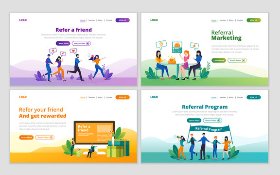 Set of web page design template for referral marketing strategy. Affiliate marketing refer a friend business partnership and referral program concept for website and mobile website development Stock A...