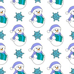Christmas seamless pattern with snowman, fir trees and snowflakes. Perfect for wallpaper, wrapping paper, pattern fills, winter greetings, web page background