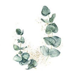 Wedding floral watercolor style eucalyptus tree branches. Postcard save the date design template. © cosmicanna
