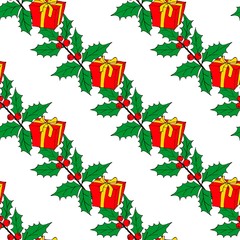 Christmas seamless pattern with Christmas toys, gifts and snowflakes. Perfect for wallpapers, wrapping paper, pattern fills, winter greetings, web page background. Separate illustrations. White