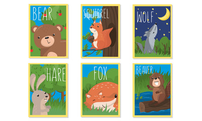 Obraz premium Colorful Animal Cards With Their Names on It For Kids Vector Set