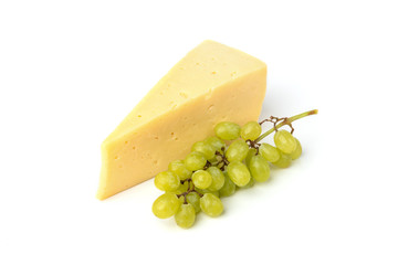 Cheese and green grape isolated on white background.