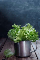 Green lettuce leaves in aluminum mug on wooden background. Rustic style.