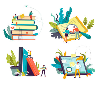 Online library service, book piles and tablet or pad, isolated icons