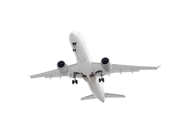 white passenger plane has released its landing gear and is landing isolated on white background with cliping path