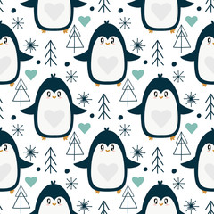Fototapeta premium Cute hand drawn penguins with Christmas trees pattern background.
