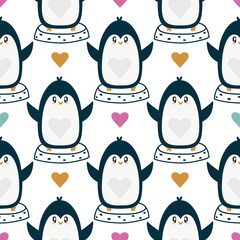 Cute hand drawn penguins pattern background. Winter time and Christmas atmosphere.
