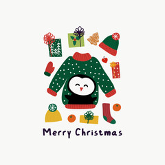 Merry Christmas vector print. Warm knitted sweater, hat, scarf and mittens, decorated tre