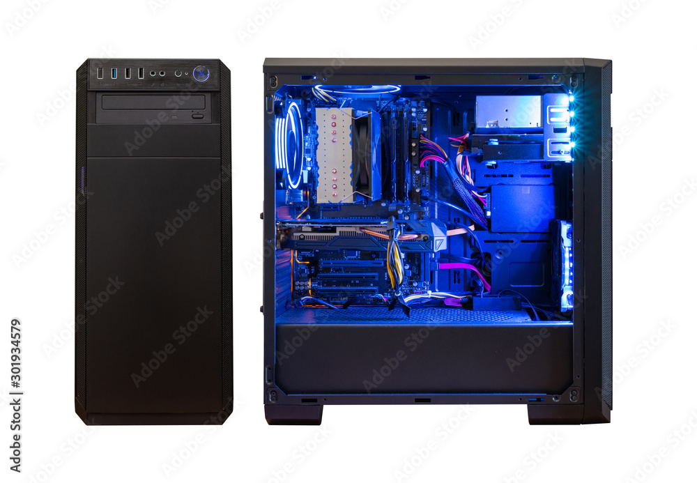 Aufkleber gaming computer isolated. modern computer case with components. front and side view. rgb light.