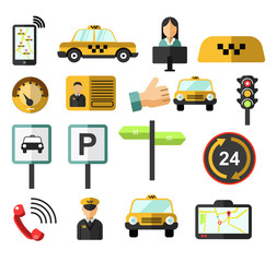 Car order, taxi service isolated icons, yellow cab and driver © Sonulkaster