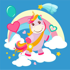 Unicorn background. Fairy tale cute little horse standing on fantasy rainbow magical birthday vector picture for girls. Illustration of unicorn cartoon magic, pony with star and rainbow