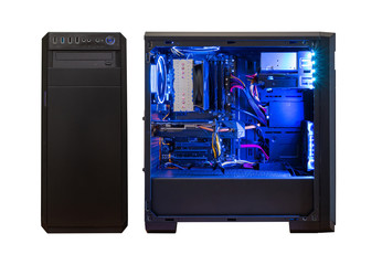 Gaming computer isolated. Modern computer case with components. Front and side view. RGB light.