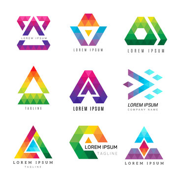 Polygonal triangle logo. Business colored identity abstract symbols polygons ornamental vector graphic. Illustration modern business geometric polygon, logotype corporate