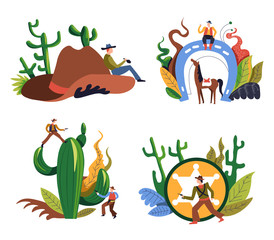 Wild West cowboys, western criminal and sheriff, isolated icons