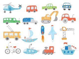 Transport doodles. Kids drawing technics tractor cars plane and ship vector pictures isolated. Illustration transport toys sketch, excavator and helicopter