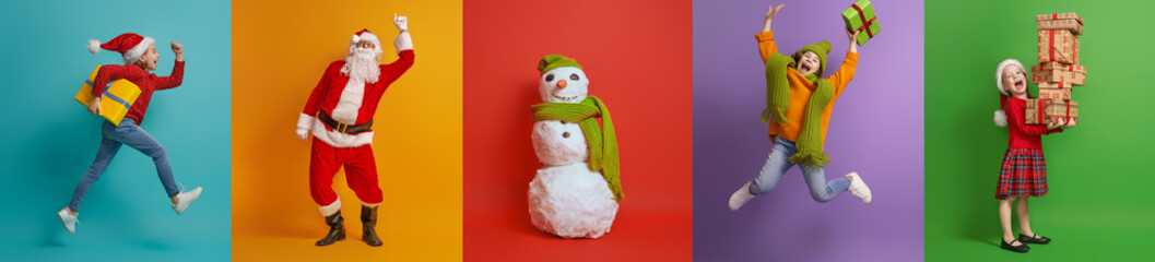 children and Santa Claus on multicolor background.