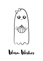 Cute ghost with face holding pumpkin. Warm wishes greeting card on Halloween.
